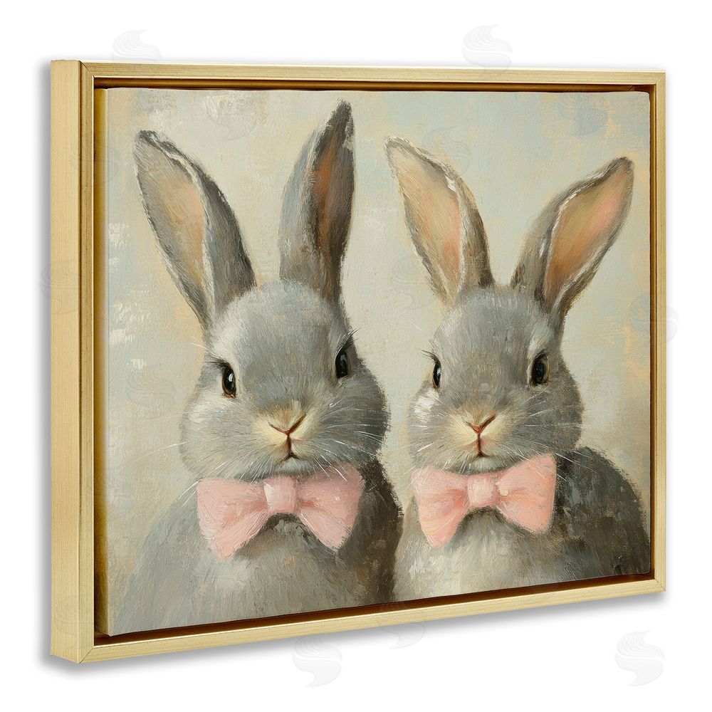 Petal Prints Design Pink Bowtie Bunny Pair Gold Floating Frame Canvas Wall Art Print