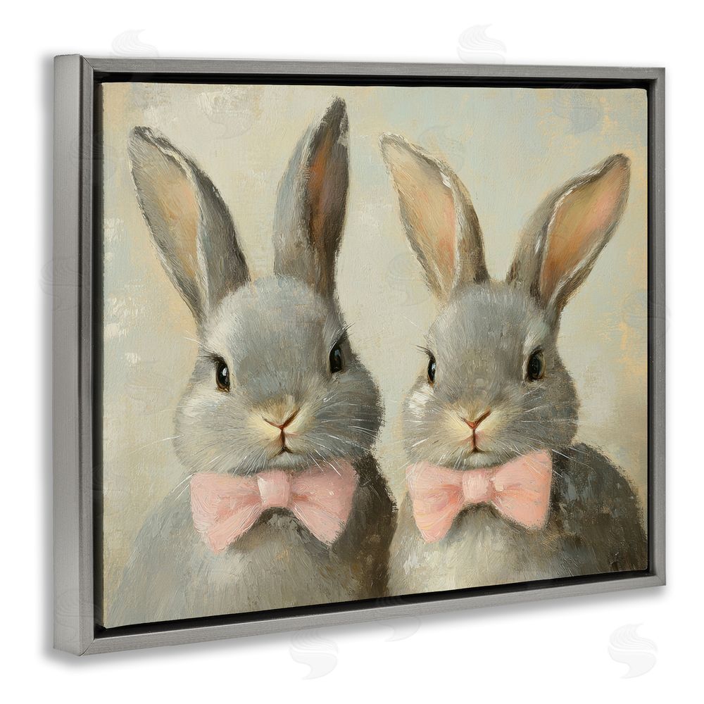 Petal Prints Design Pink Bowtie Bunny Pair Gray Floating Frame Canvas Wall Art Print