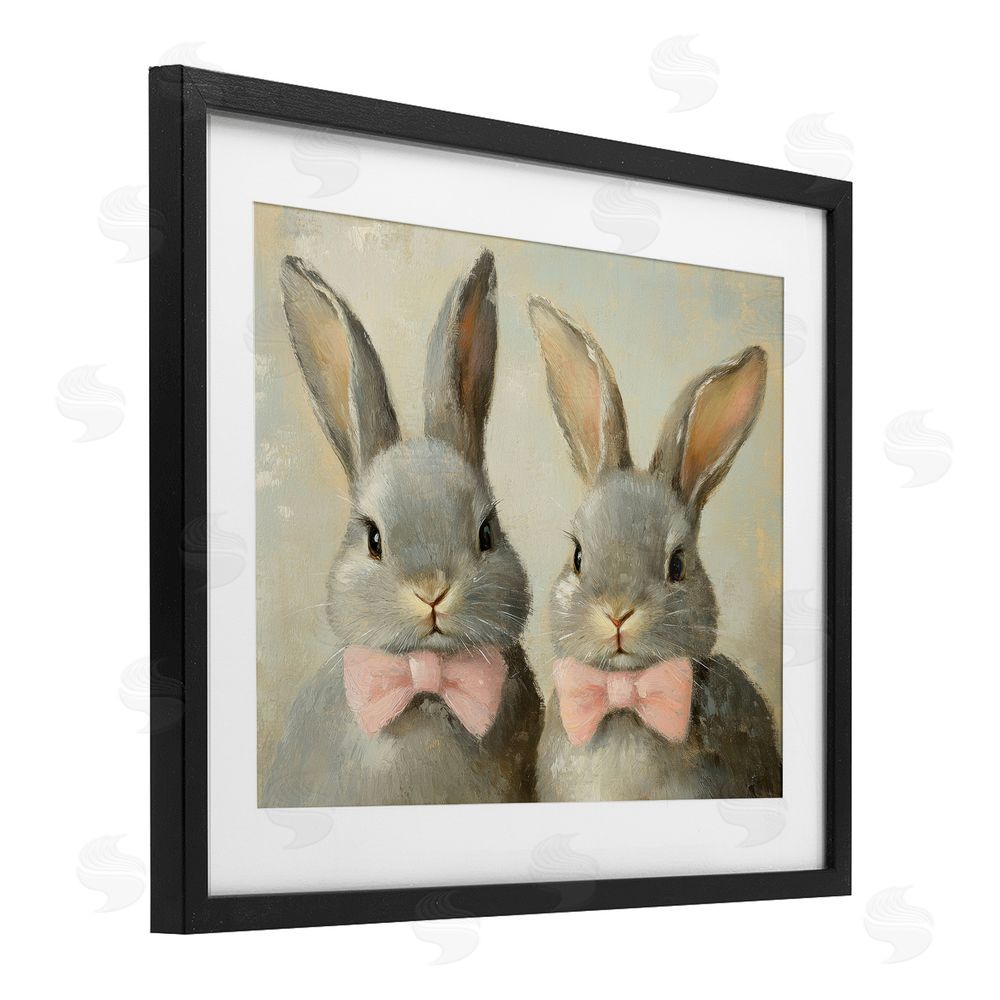 Petal Prints Design Pink Bowtie Bunny Pair Black Framed Print Under Glass with White Mat Wall Art