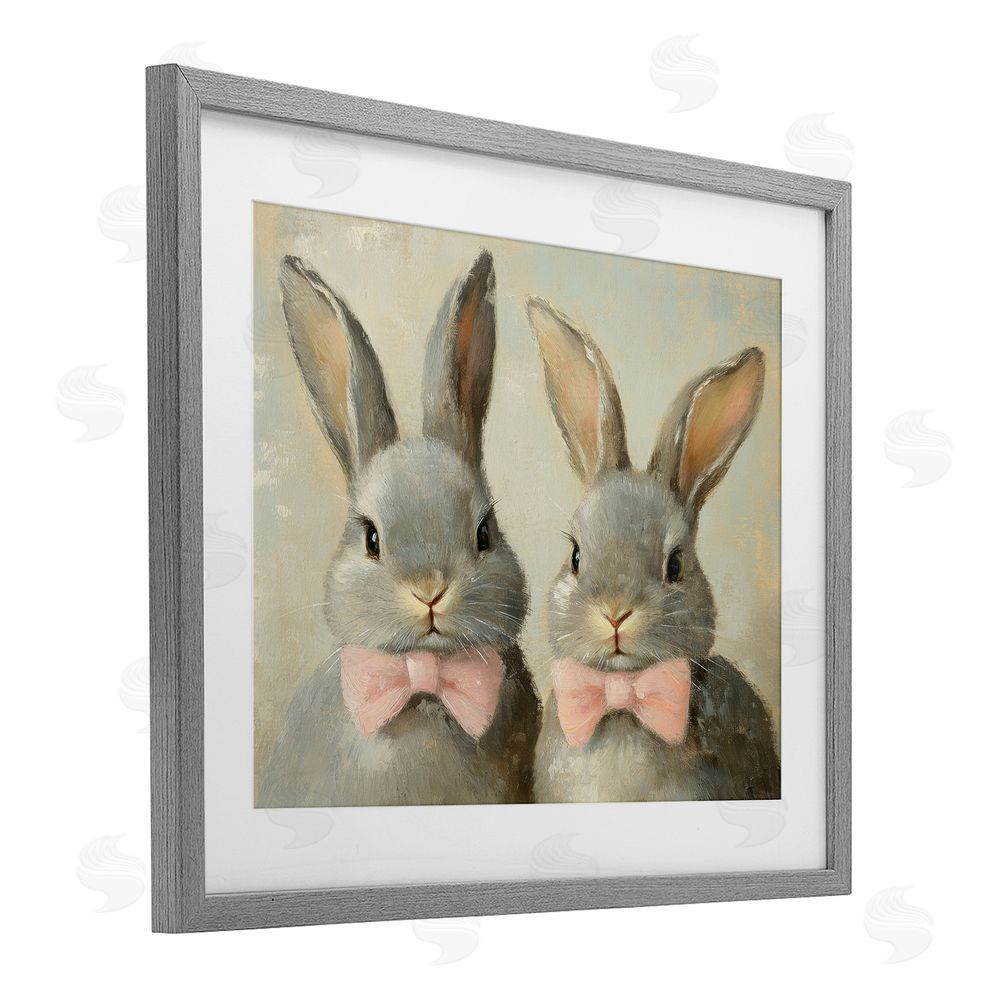 Petal Prints Design Pink Bowtie Bunny Pair Gray Framed Print Under Glass with White Mat Wall Art