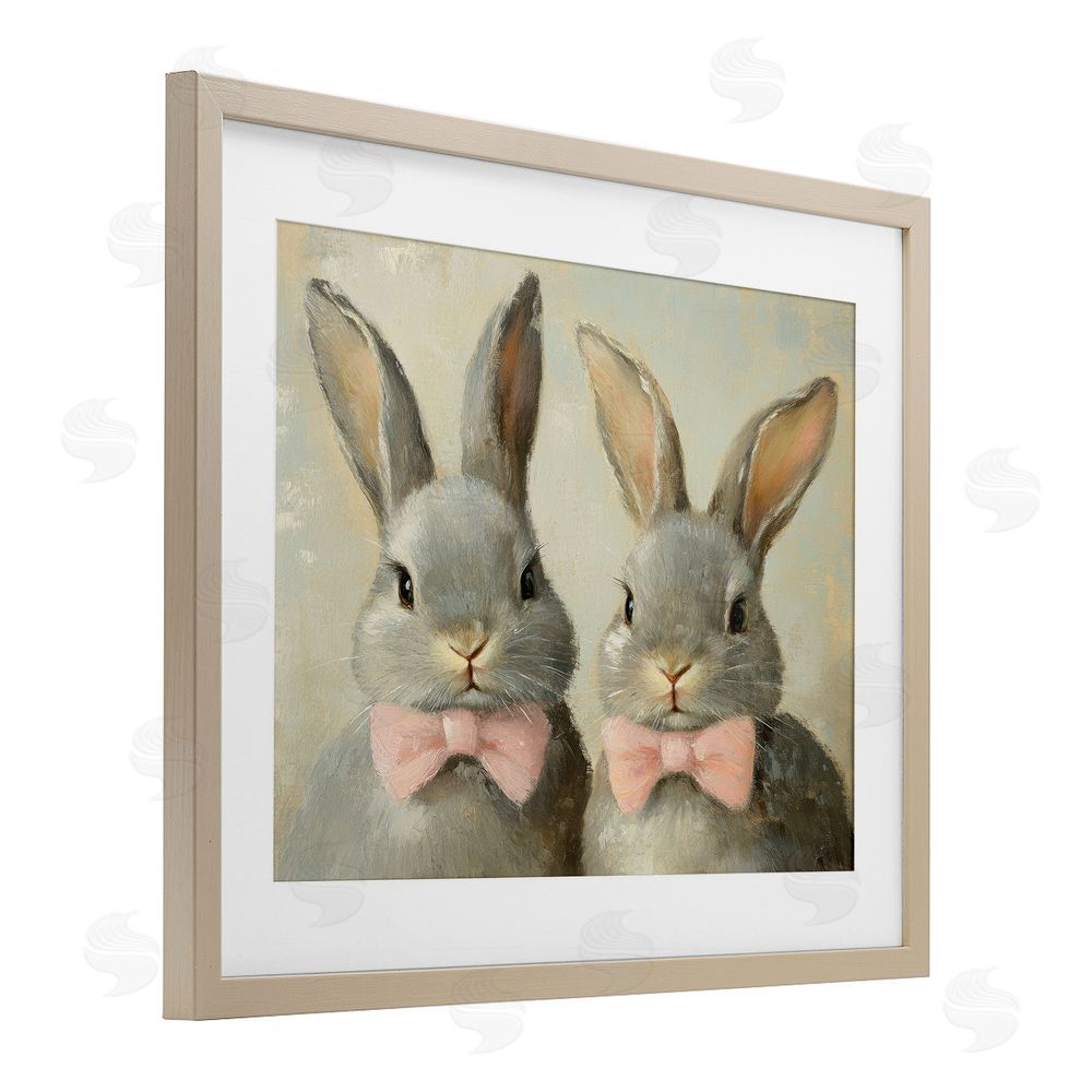 Petal Prints Design Pink Bowtie Bunny Pair Birch Framed Print Under Glass with White Mat Wall Art