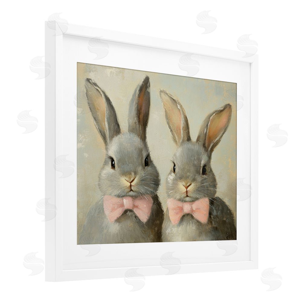 Petal Prints Design Pink Bowtie Bunny Pair White Framed Print Under Glass with Mat Wall Art