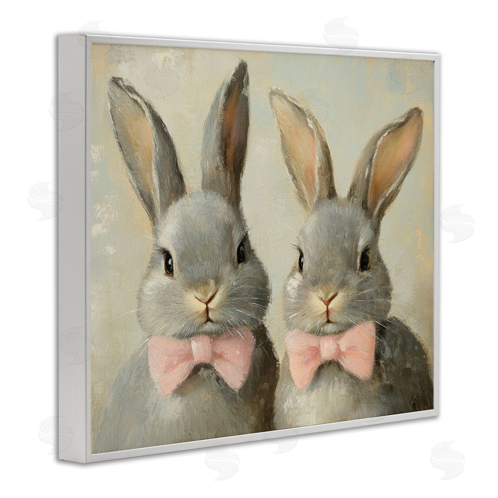 Petal Prints Design Pink Bowtie Bunny Pair White Framed Giclee Wall Art Print