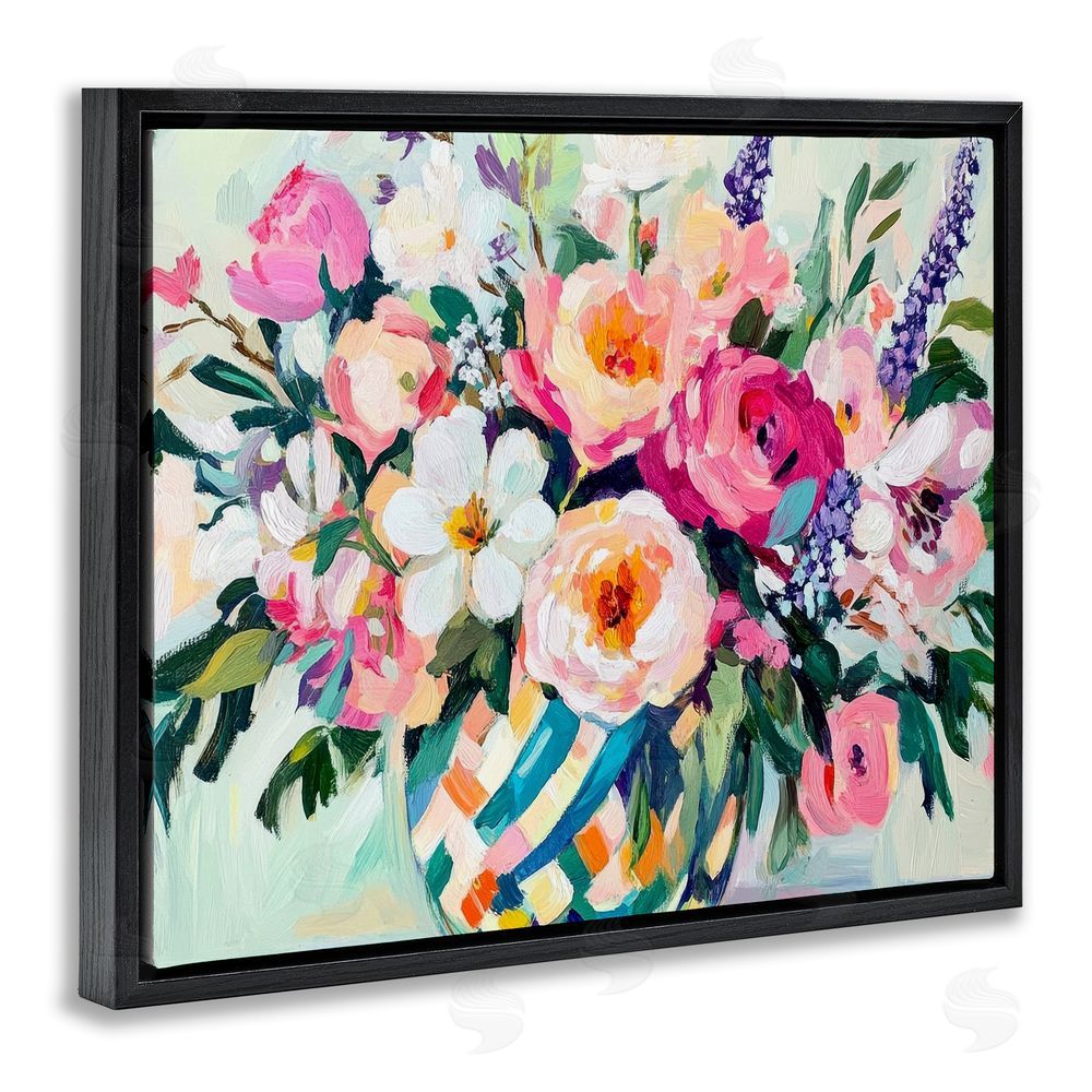Petal Prints Design Colorful Bouquet in Spring Vase Black Floating Frame Canvas Wall Art Print