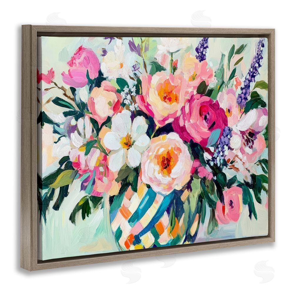 Petal Prints Design Colorful Bouquet in Spring Vase Brown Floating Frame Canvas Wall Art Print