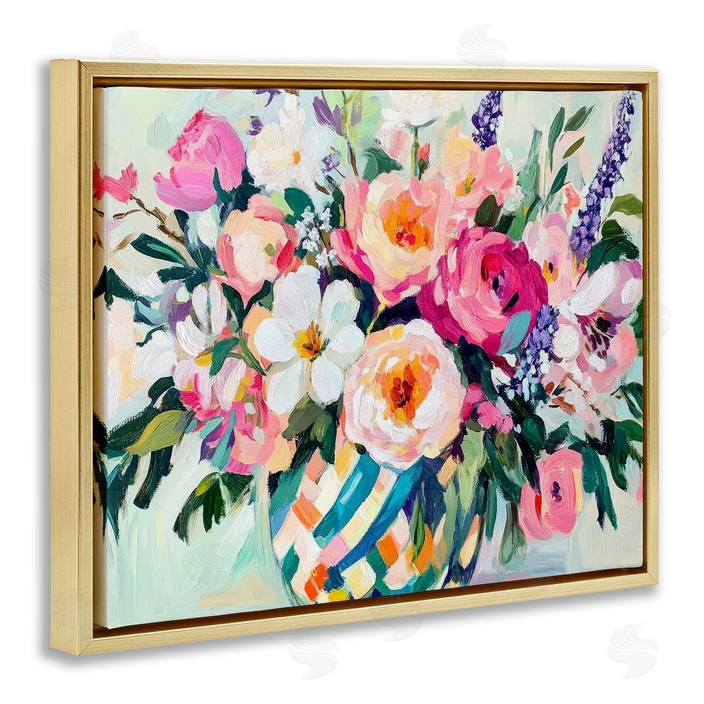 Petal Prints Design Colorful Bouquet in Spring Vase Gold Floating Frame Canvas Wall Art Print