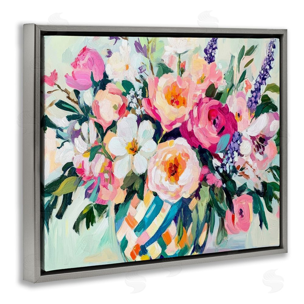 Petal Prints Design Colorful Bouquet in Spring Vase Gray Floating Frame Canvas Wall Art Print