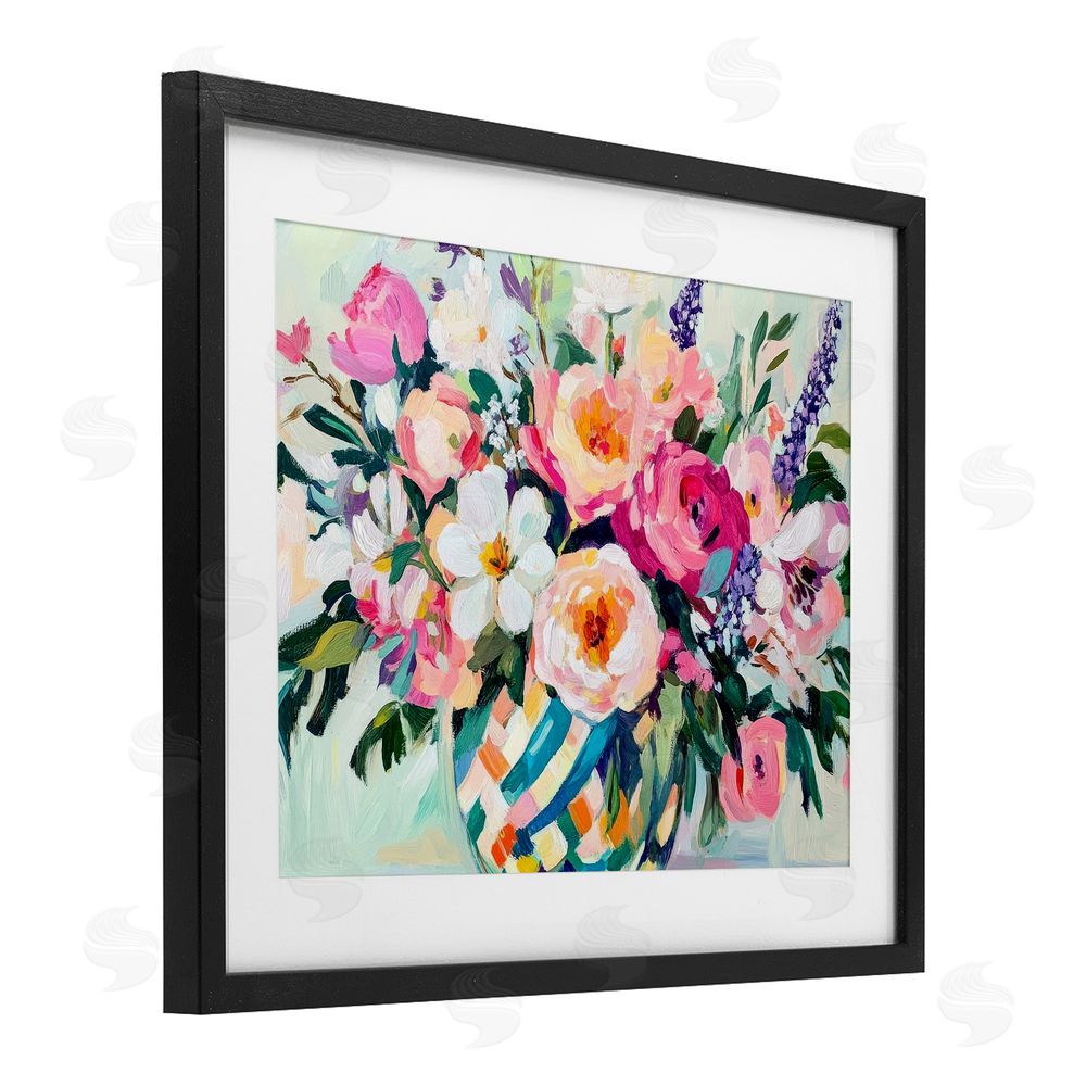 Petal Prints Design Colorful Bouquet in Spring Vase Black Framed Print Under Glass with White Mat Wall Art