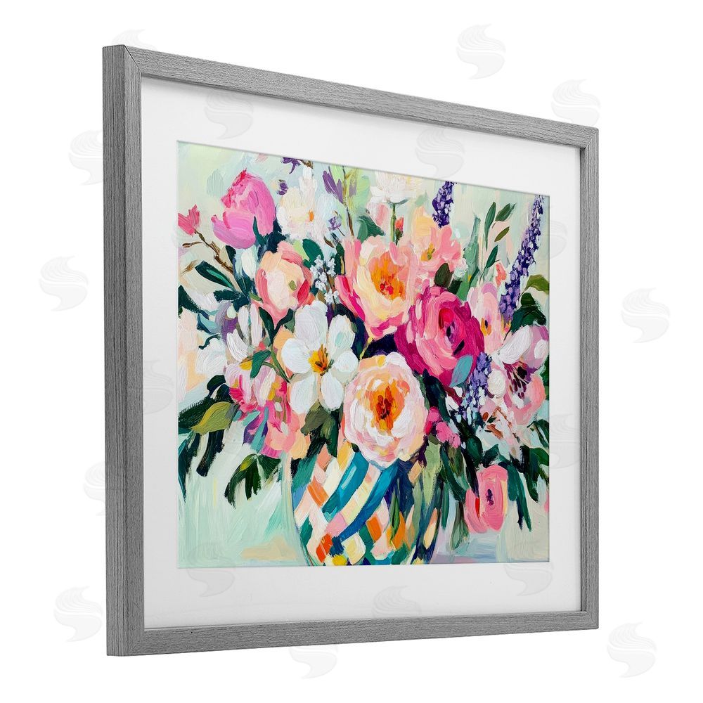 Petal Prints Design Colorful Bouquet in Spring Vase Gray Framed Print Under Glass with White Mat Wall Art