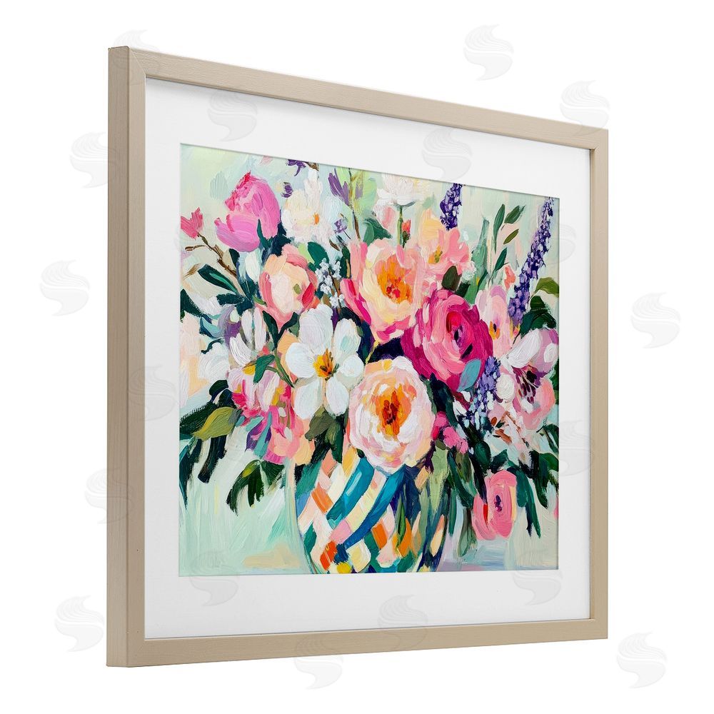 Petal Prints Design Colorful Bouquet in Spring Vase Birch Framed Print Under Glass with White Mat Wall Art