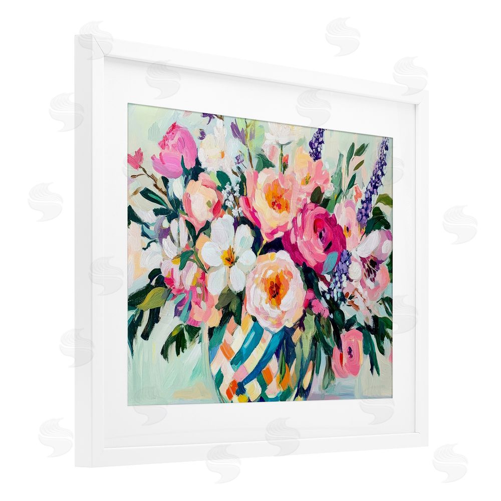 Petal Prints Design Colorful Bouquet in Spring Vase White Framed Print Under Glass with Mat Wall Art