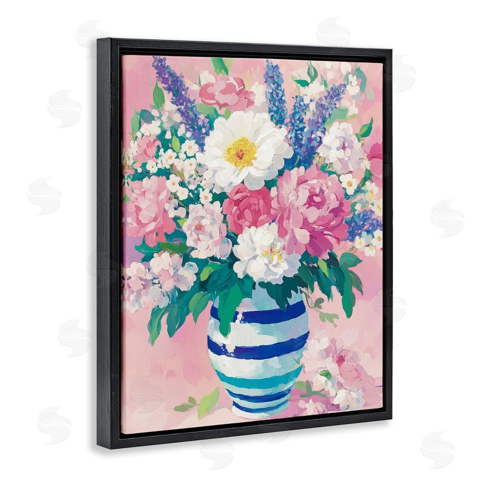 Petal Prints Design Springtime Joy Florals over Pink Black Floating Frame Canvas Wall Art Print