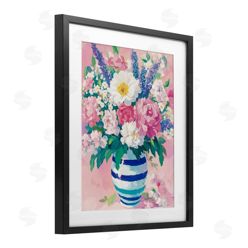 Petal Prints Design Springtime Joy Florals over Pink Black Framed Print Under Glass with White Mat Wall Art