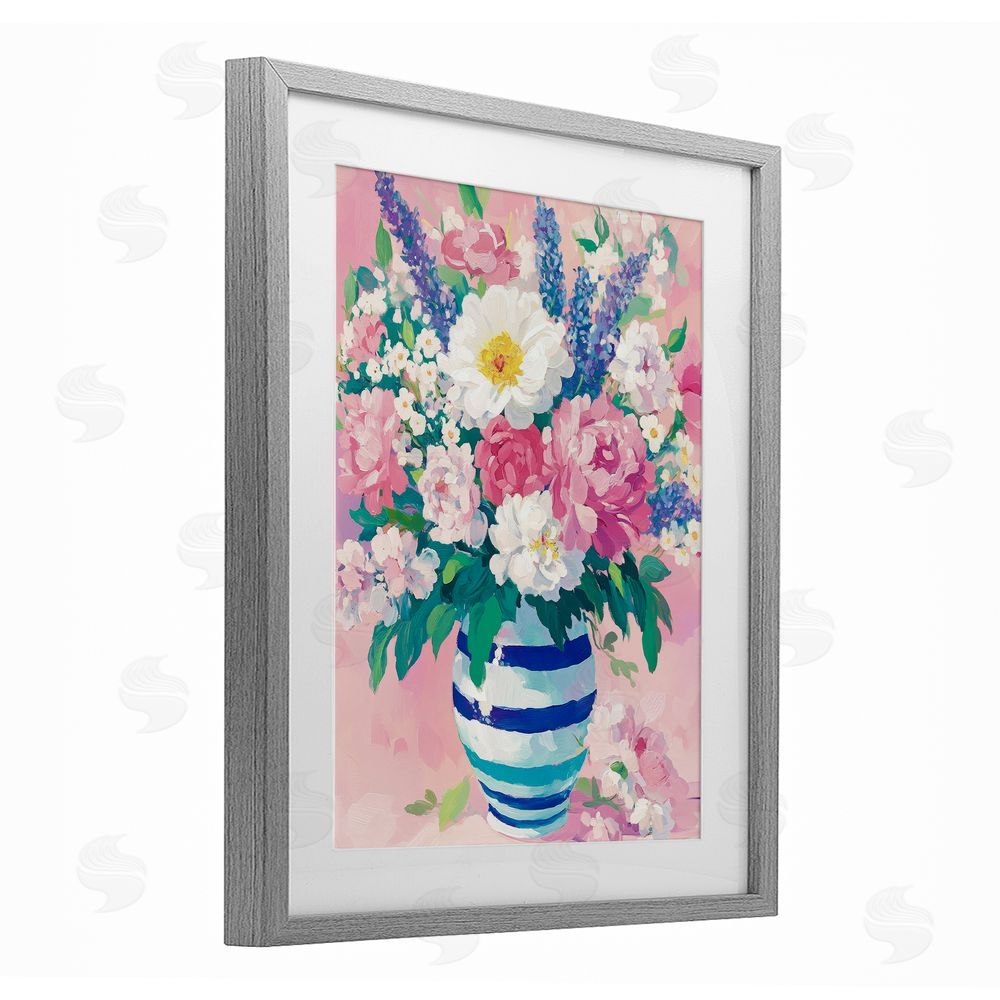 Petal Prints Design Springtime Joy Florals over Pink Gray Framed Print Under Glass with White Mat Wall Art