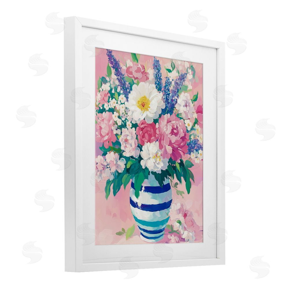 Petal Prints Design Springtime Joy Florals over Pink White Framed Print Under Glass with Mat Wall Art