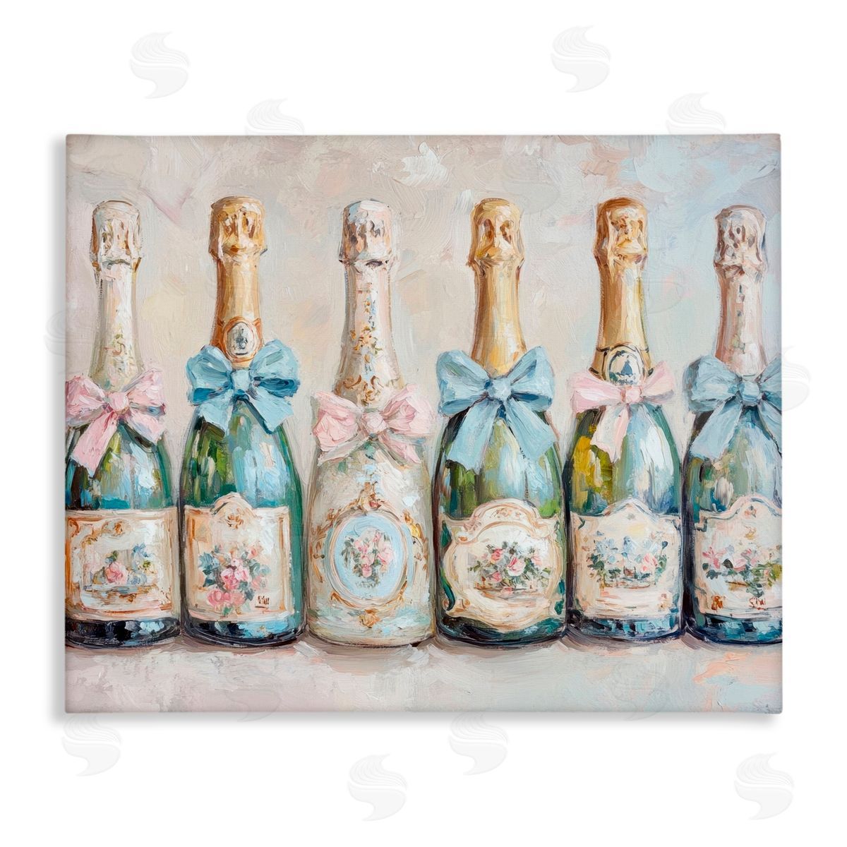 Petal Prints Design Victorian Bow Champagne Bottles Canvas Wall Art Print