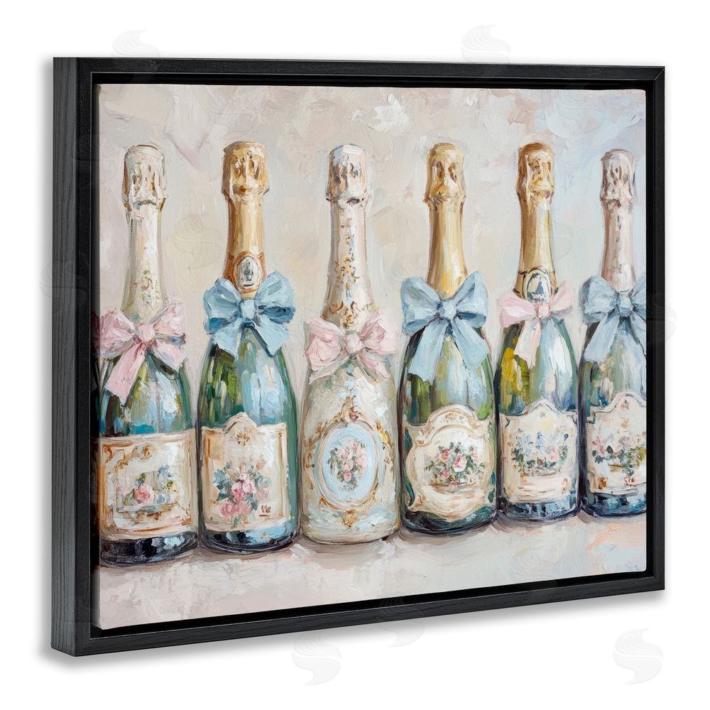 Petal Prints Design Victorian Bow Champagne Bottles Black Floating Frame Canvas Wall Art Print