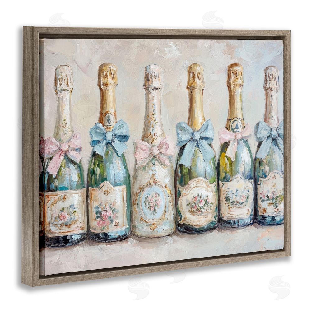 Petal Prints Design Victorian Bow Champagne Bottles Brown Floating Frame Canvas Wall Art Print