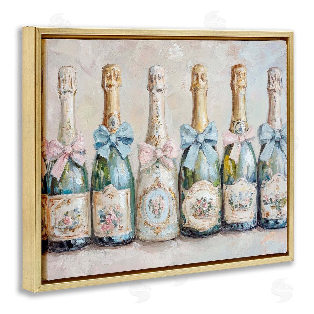 Petal Prints Design Victorian Bow Champagne Bottles Gold Floating Frame Canvas Wall Art Print