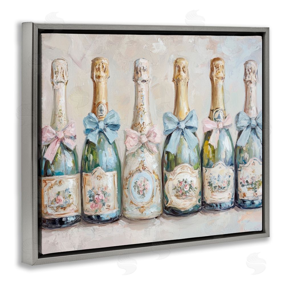Petal Prints Design Victorian Bow Champagne Bottles Gray Floating Frame Canvas Wall Art Print