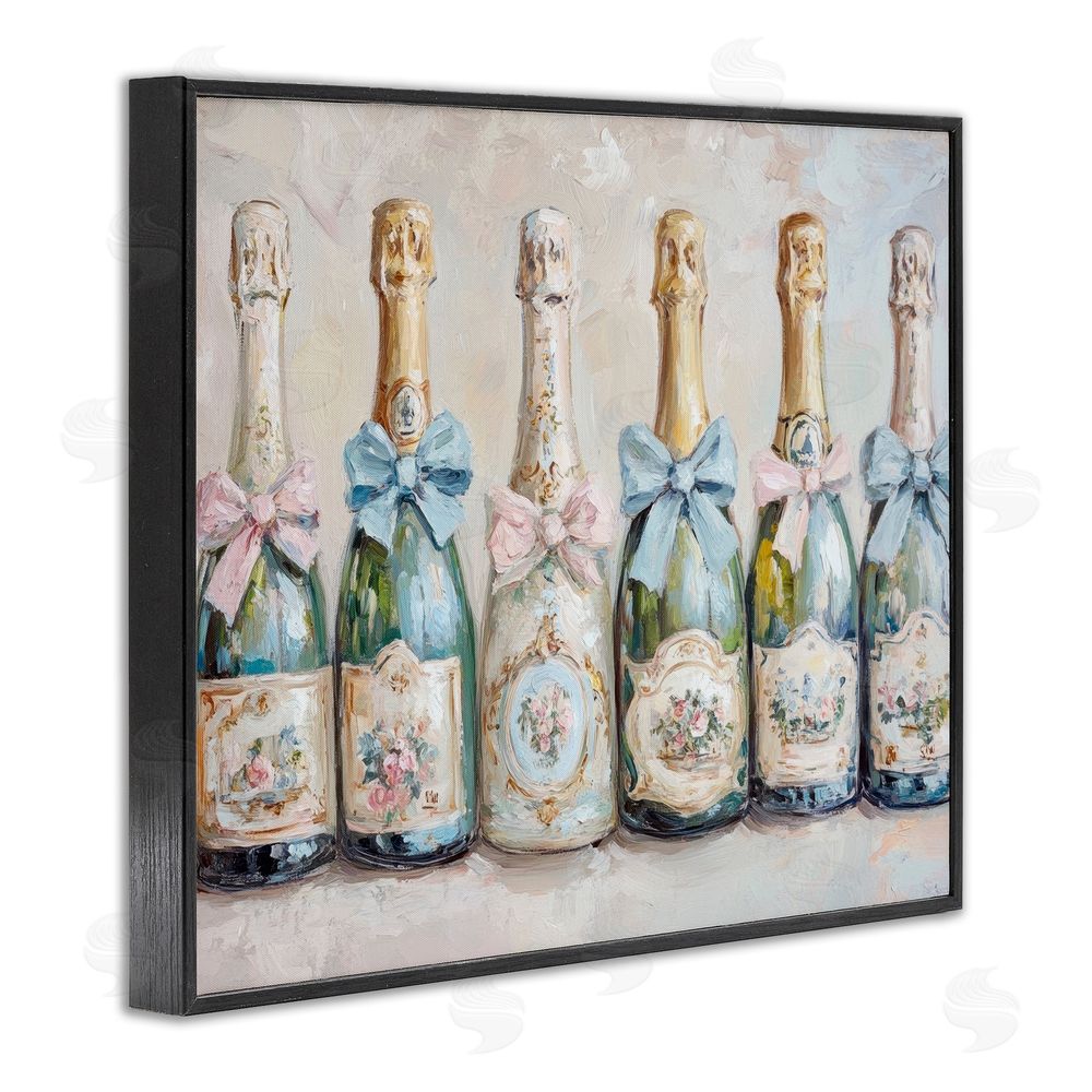 Petal Prints Design Victorian Bow Champagne Bottles Black Framed Giclee Wall Art Print