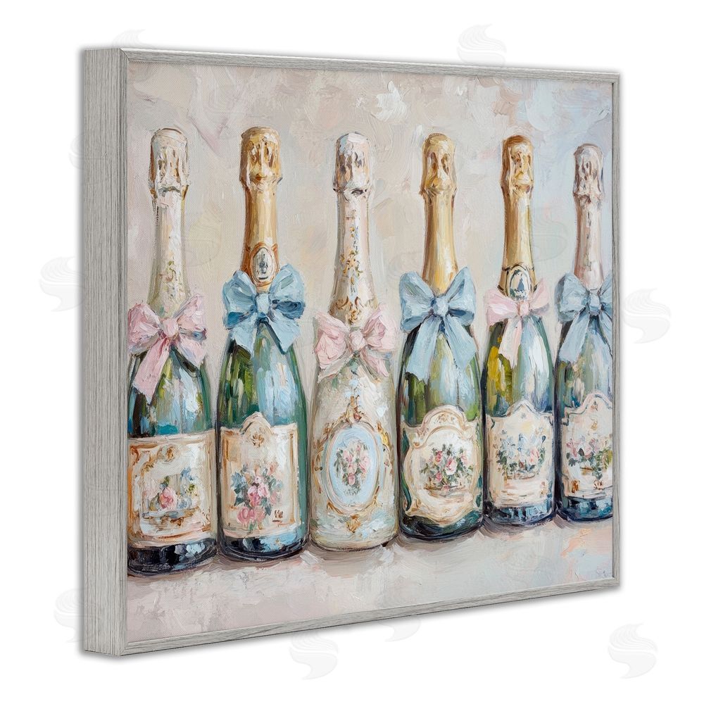Petal Prints Design Victorian Bow Champagne Bottles Gray Framed Giclee Wall Art Print