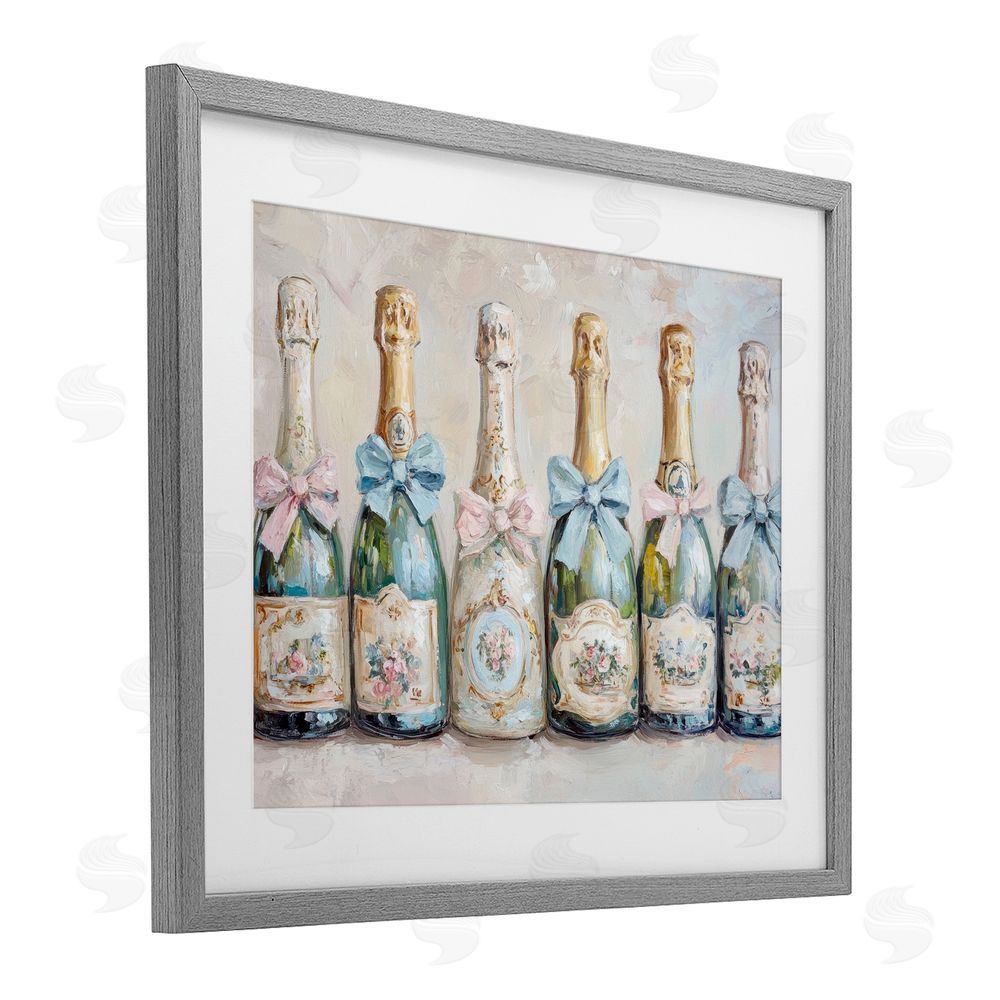 Petal Prints Design Victorian Bow Champagne Bottles Gray Framed Print Under Glass with White Mat Wall Art