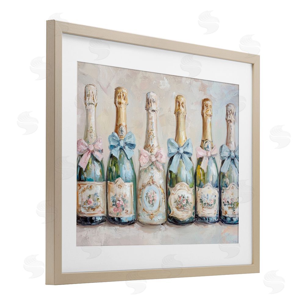 Petal Prints Design Victorian Bow Champagne Bottles Birch Framed Print Under Glass with White Mat Wall Art