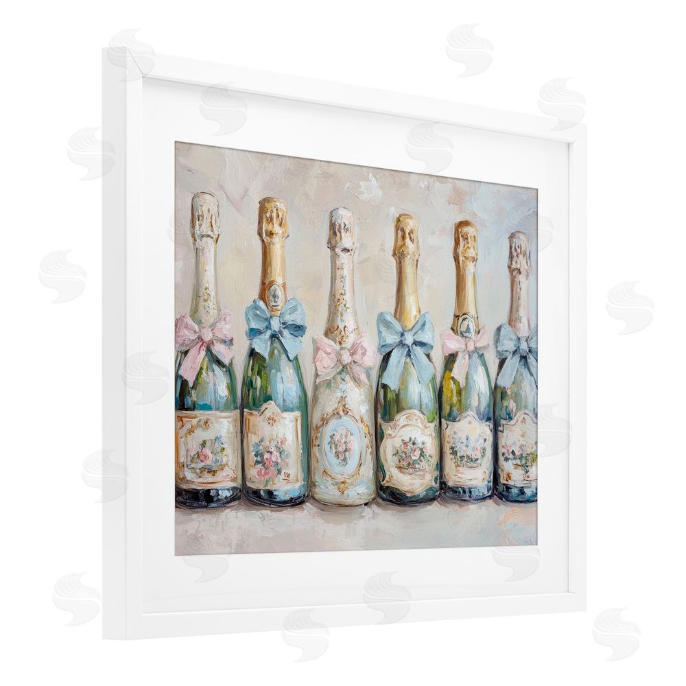 Petal Prints Design Victorian Bow Champagne Bottles White Framed Print Under Glass with Mat Wall Art