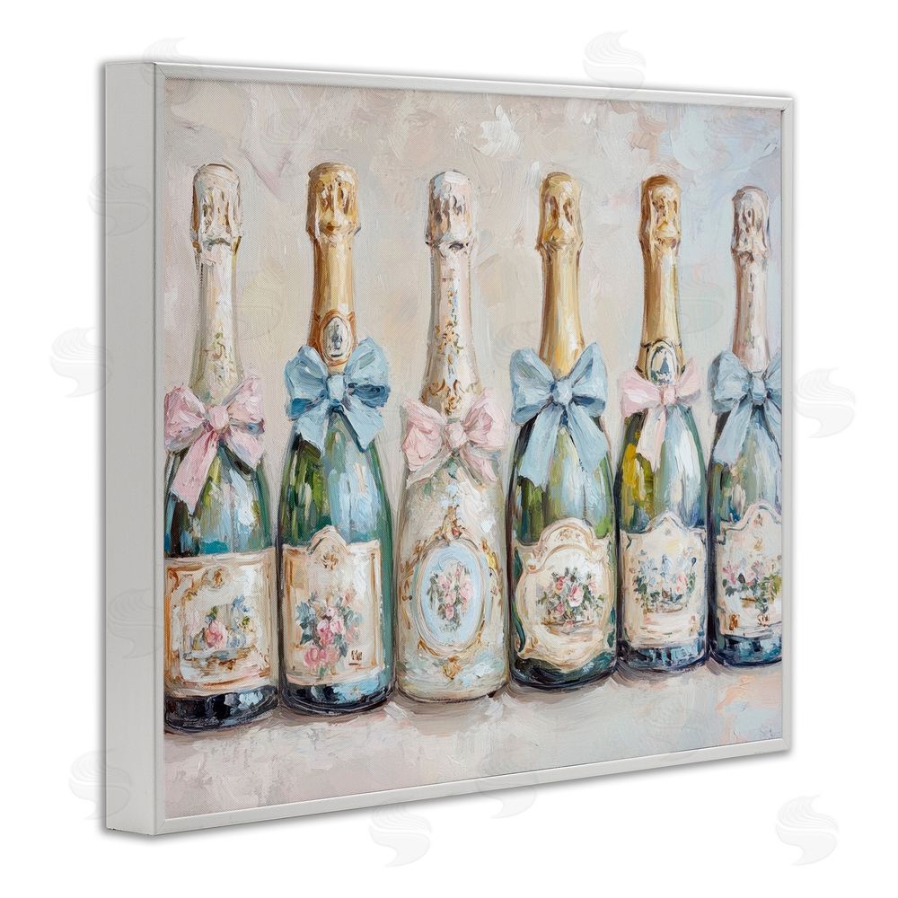 Petal Prints Design Victorian Bow Champagne Bottles White Framed Giclee Wall Art Print