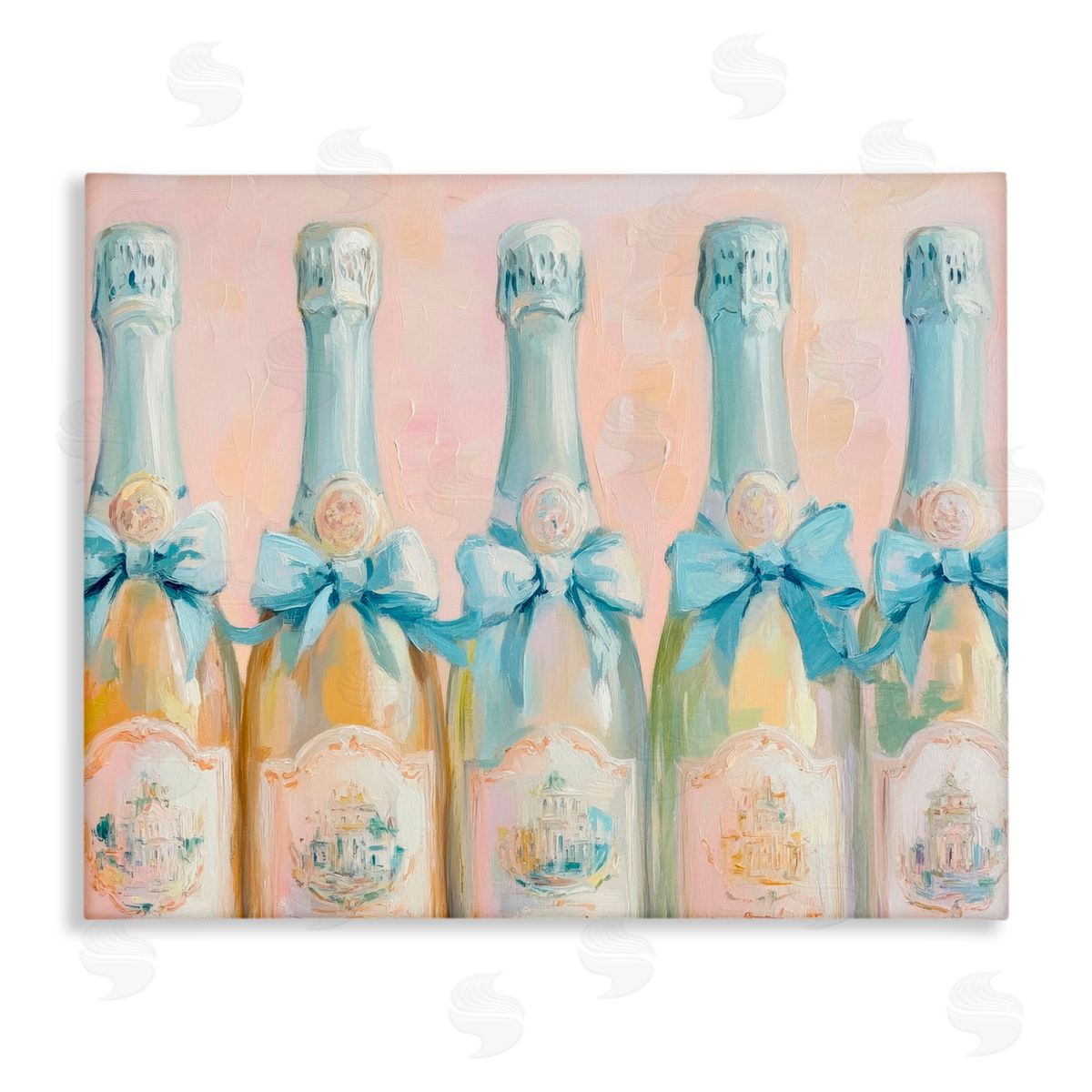 Petal Prints Design Pastel Blue Champagne Bottles Canvas Wall Art Print