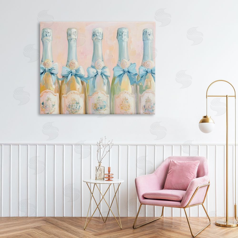Petal Prints Design Pastel Blue Champagne Bottles Canvas Art on Wall
