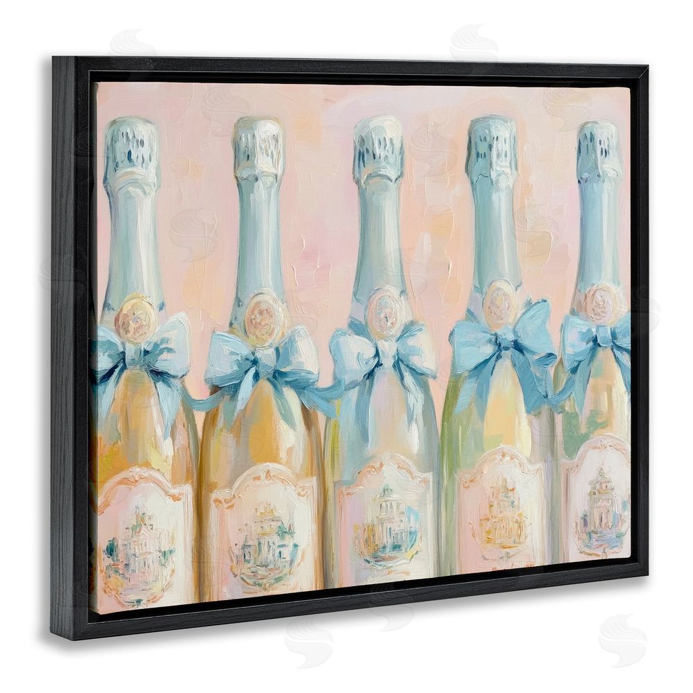 Petal Prints Design Pastel Blue Champagne Bottles Black Floating Frame Canvas Wall Art Print