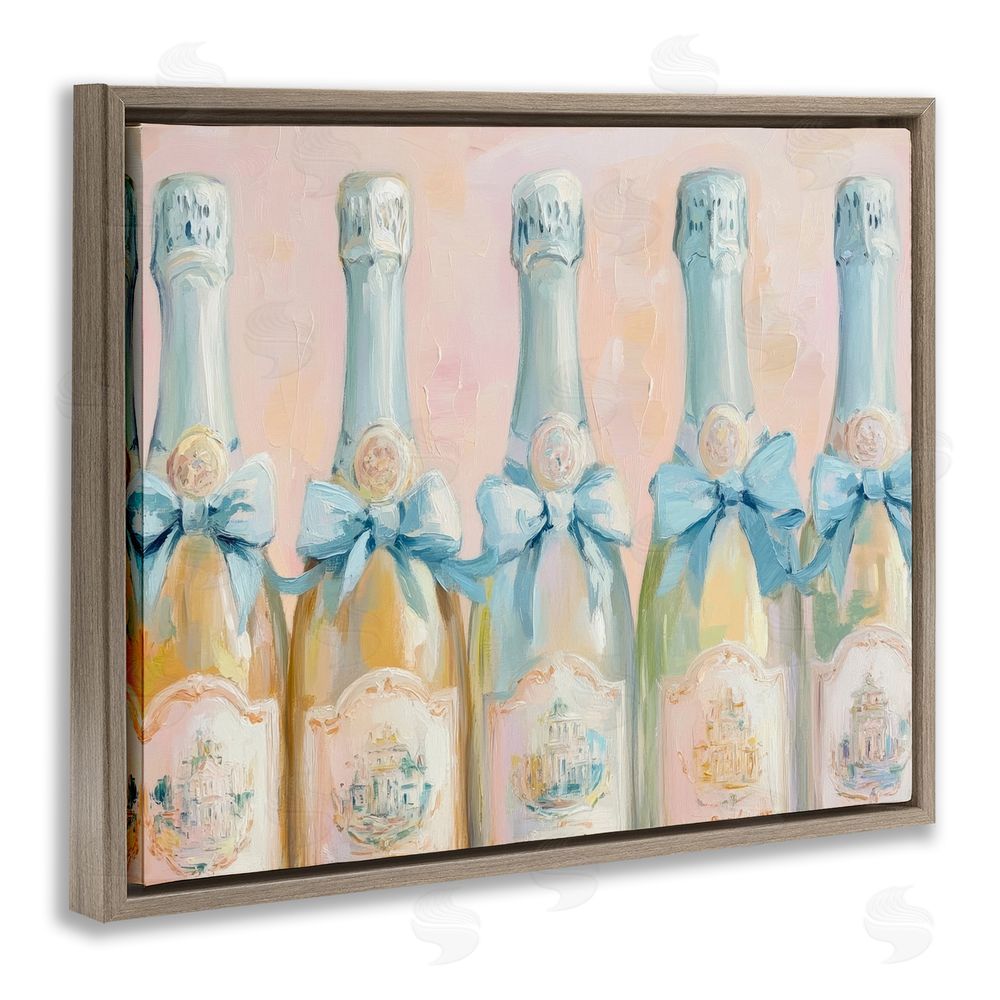 Petal Prints Design Pastel Blue Champagne Bottles Brown Floating Frame Canvas Wall Art Print