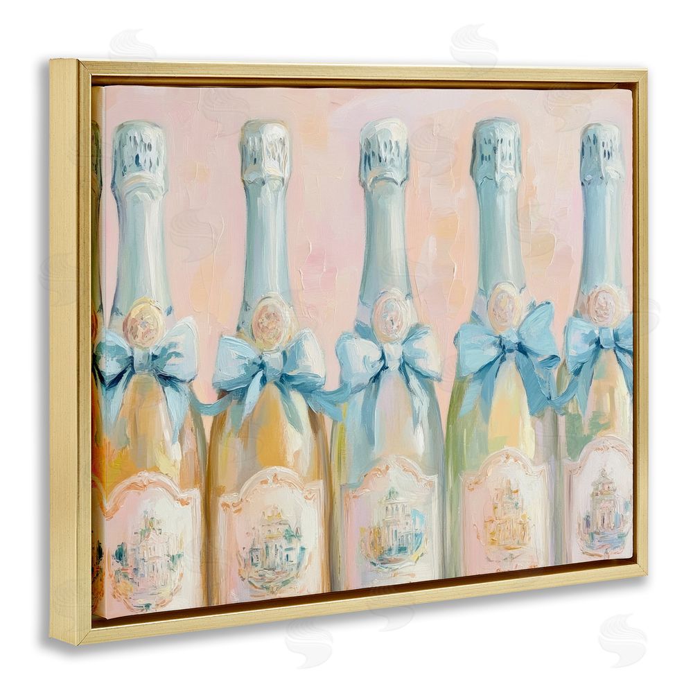 Petal Prints Design Pastel Blue Champagne Bottles Gold Floating Frame Canvas Wall Art Print