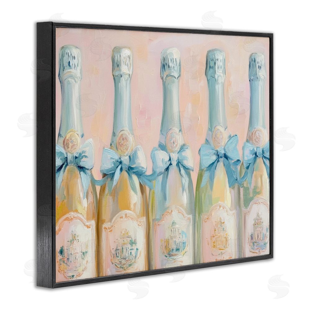 Petal Prints Design Pastel Blue Champagne Bottles Black Framed Giclee Wall Art Print