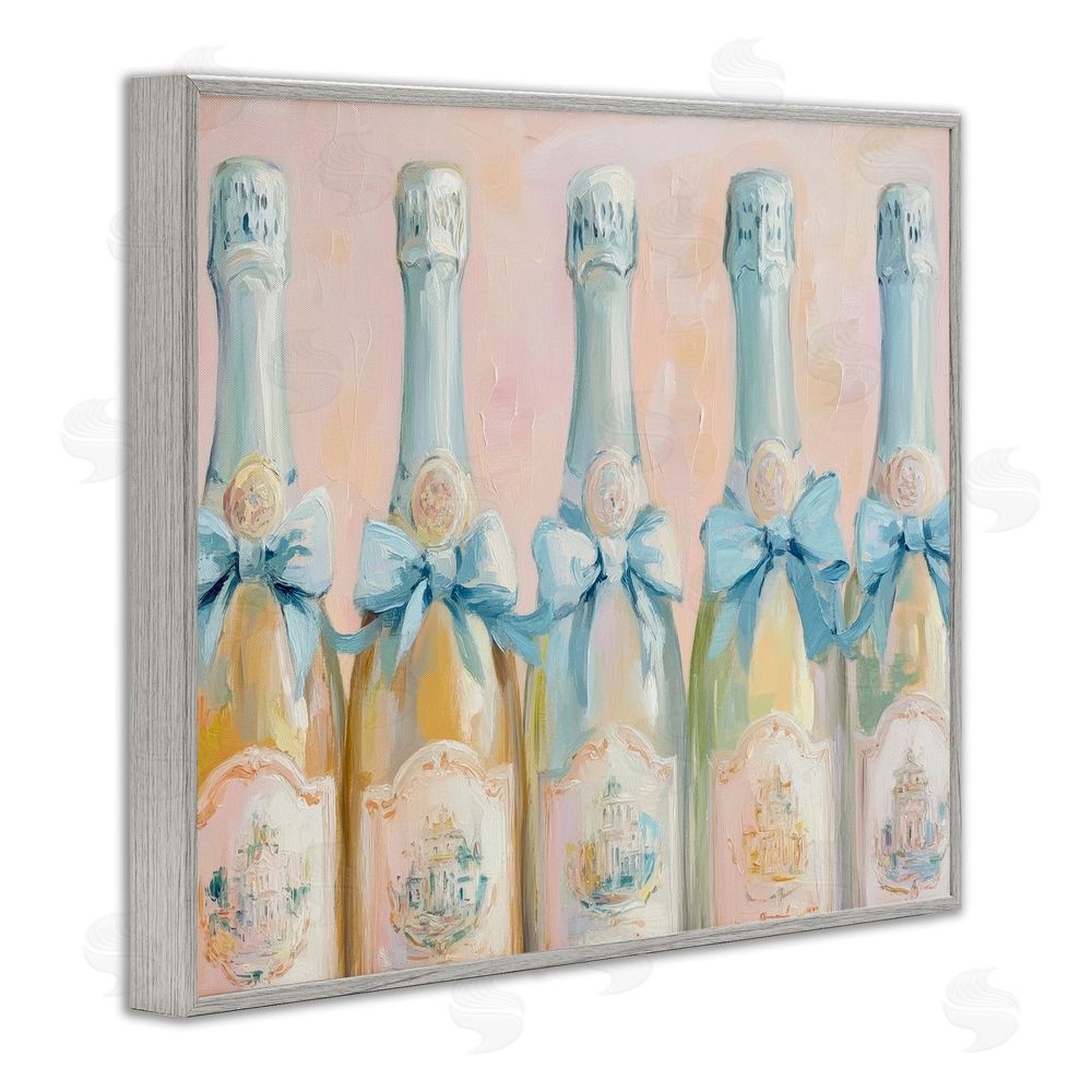 Petal Prints Design Pastel Blue Champagne Bottles Gray Framed Giclee Wall Art Print