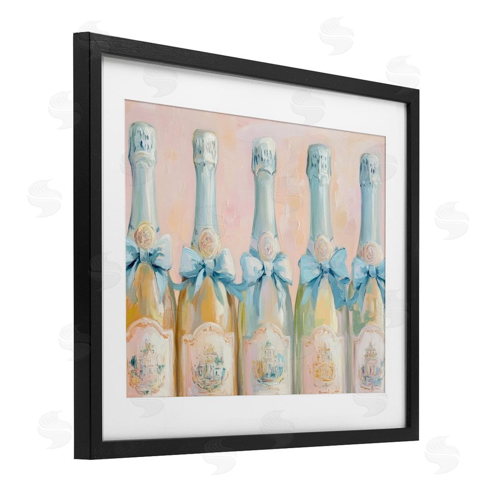 Petal Prints Design Pastel Blue Champagne Bottles Black Framed Print Under Glass with White Mat Wall Art