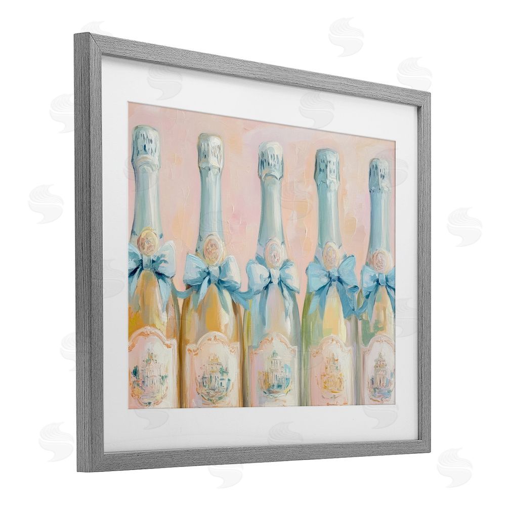 Petal Prints Design Pastel Blue Champagne Bottles Gray Framed Print Under Glass with White Mat Wall Art