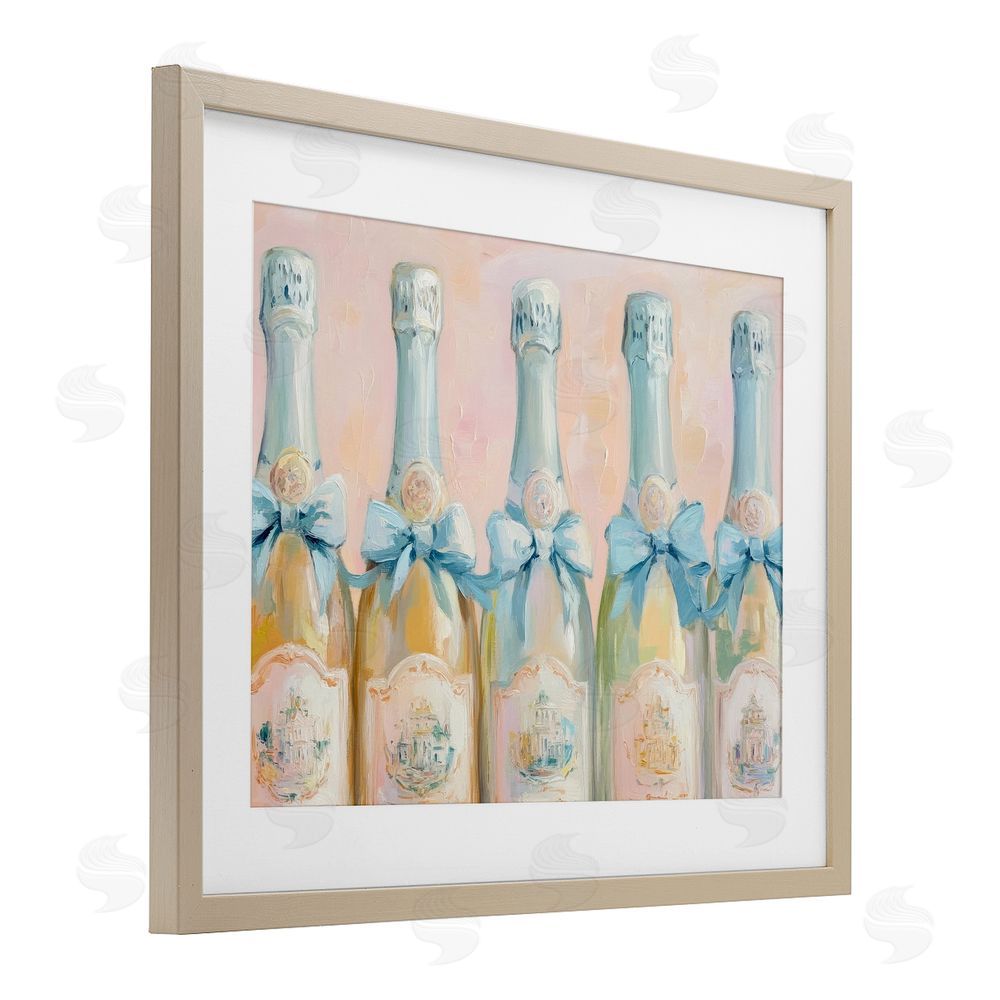 Petal Prints Design Pastel Blue Champagne Bottles Birch Framed Print Under Glass with White Mat Wall Art