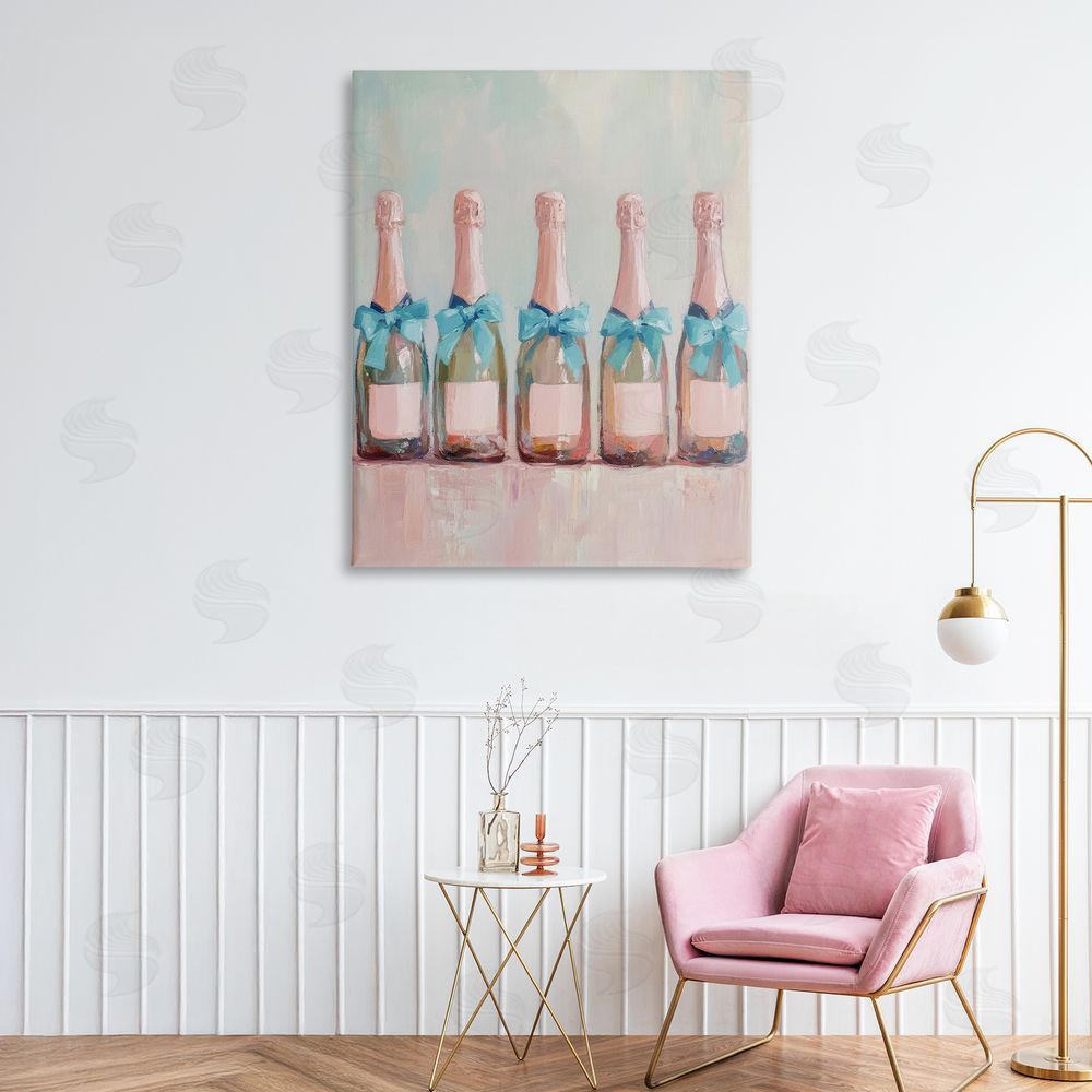 Petal Prints Design Pink and Blue Champagne Bottles Canvas Art on Wall