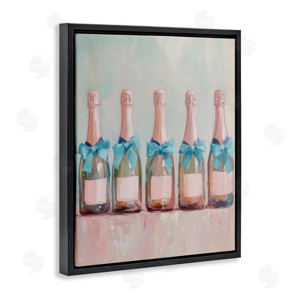 Petal Prints Design Pink and Blue Champagne Bottles Black Floating Frame Canvas Wall Art Print