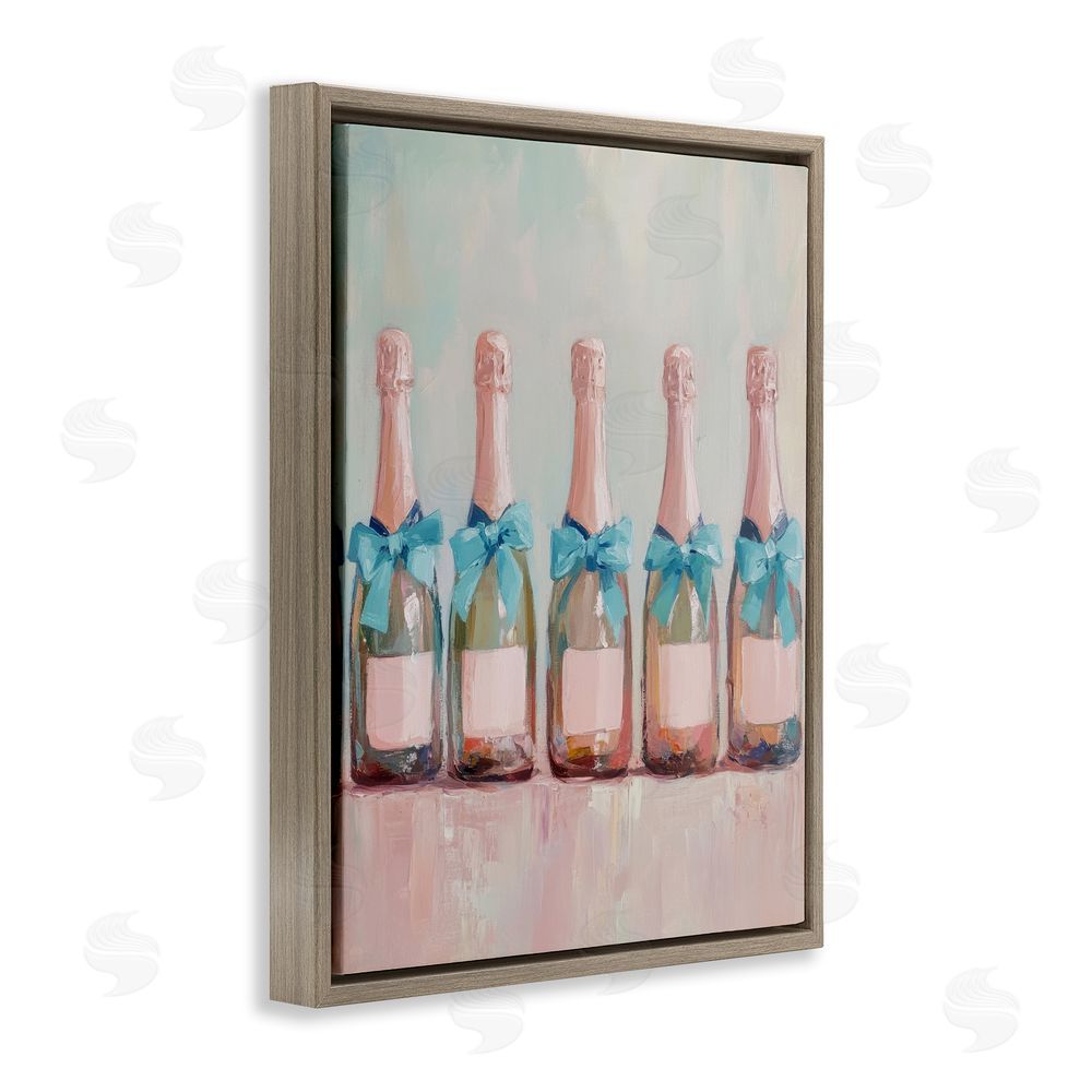 Petal Prints Design Pink and Blue Champagne Bottles Brown Floating Frame Canvas Wall Art Print