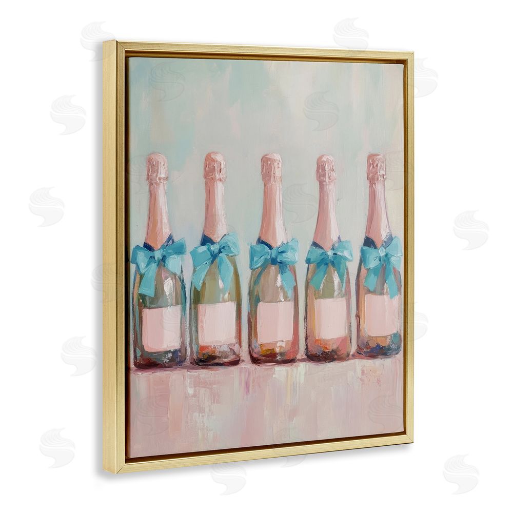 Petal Prints Design Pink and Blue Champagne Bottles Gold Floating Frame Canvas Wall Art Print