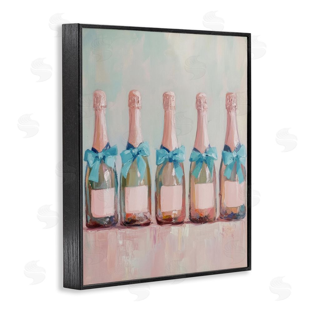 Petal Prints Design Pink and Blue Champagne Bottles Black Framed Giclee Wall Art Print