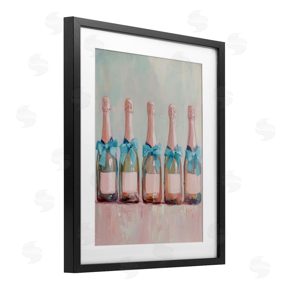 Petal Prints Design Pink and Blue Champagne Bottles Black Framed Print Under Glass with White Mat Wall Art