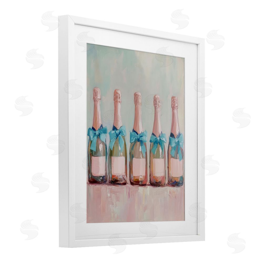 Petal Prints Design Pink and Blue Champagne Bottles White Framed Print Under Glass with Mat Wall Art