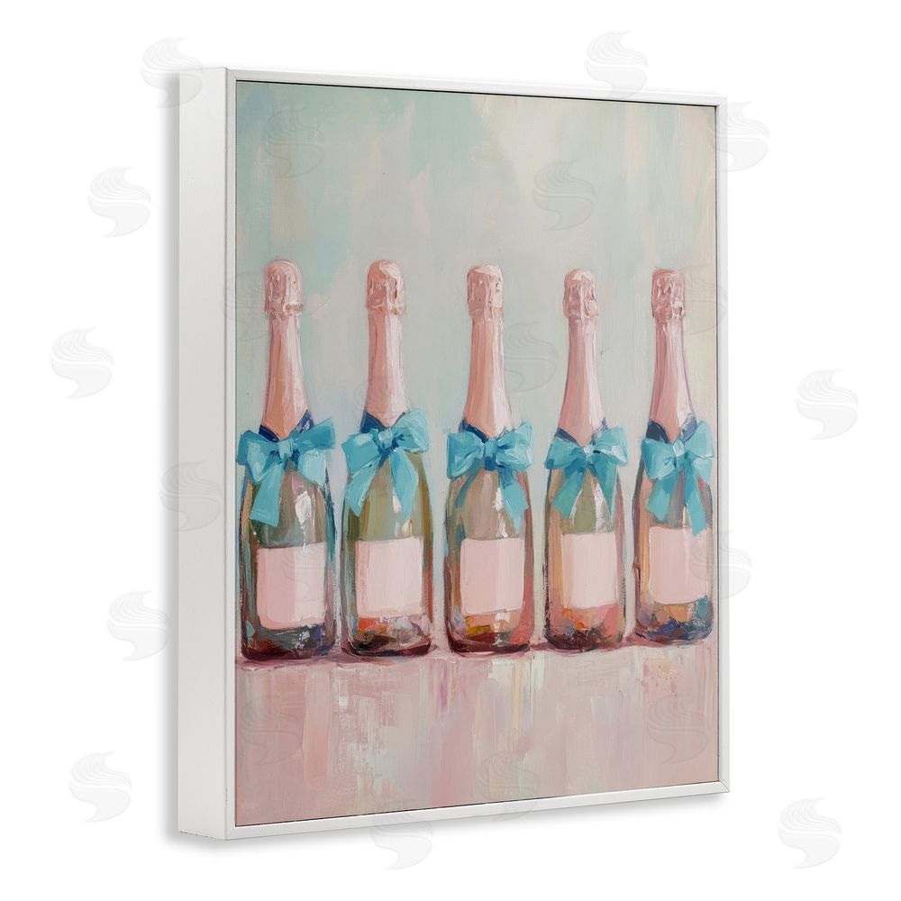 Petal Prints Design Pink and Blue Champagne Bottles White Framed Giclee Wall Art Print