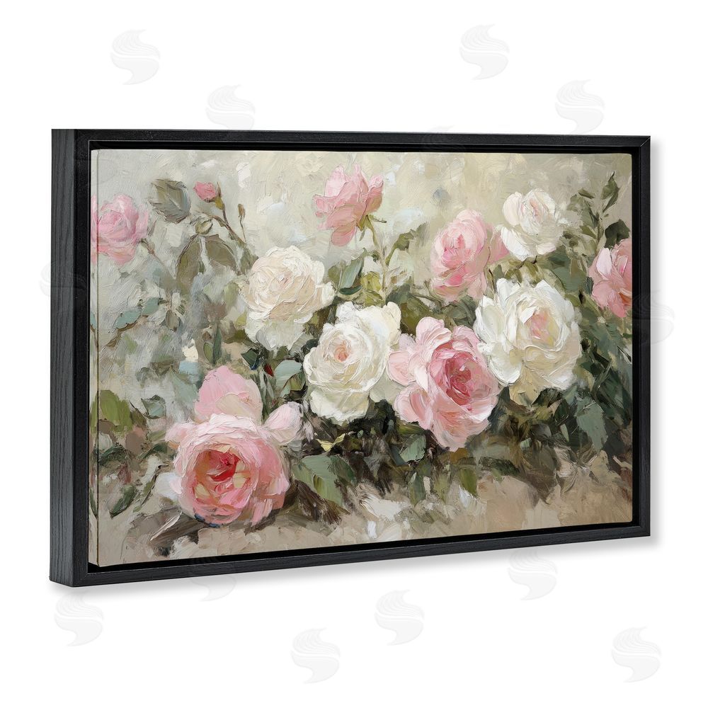 Petal Prints Design Rose Bouquets Pink and White Black Floating Frame Canvas Wall Art Print