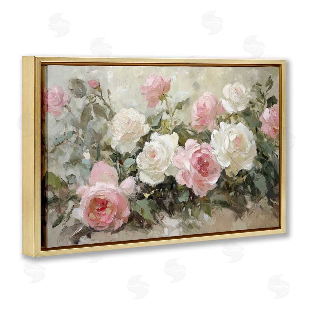 Petal Prints Design Rose Bouquets Pink and White Gold Floating Frame Canvas Wall Art Print